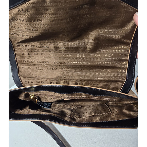 Lauren Ralph Lauren Raquel Medium Messenger Bag Leather Black Tan Trim $249 - Picture 11 of 14